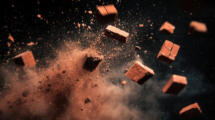 Poster - A dramatic explosion of bricks creating dust and debris in a dark, atmospheric setting, ideal for dynamic visuals