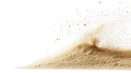 Poster - A dynamic explosion of golden sand particles against a white background, creating a sense of motion and energy