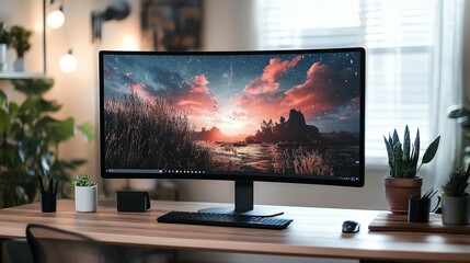 Poster - Modern curved monitor displaying scenic desktop wallpaper on wooden desk with plants and keyboard.