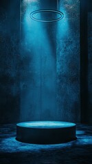 Poster - Empty Industrial Stage Podium Scene with Blue Lighting Effects