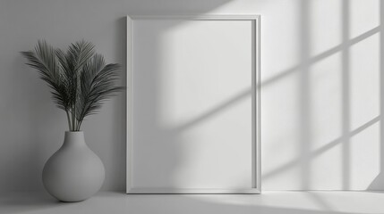 Poster - Minimalist interior scene featuring a blank frame and a modern vase with greenery, softly lit by shadows