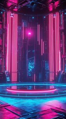 Poster - Futuristic Empty Stage with Neon Lights and Podium in Dark Setting