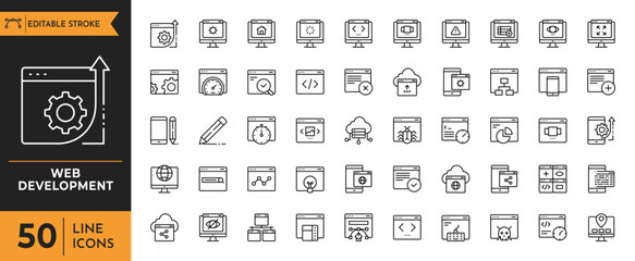 Web Development icon set. Containing Code, api, programmer coding, app, flow, node connect, web coder, bug fix and more. Vector illustration