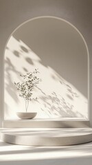 Poster - Minimalist Scene with Podium and Plant in Soft Abstract Light