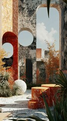 Poster - Modern Abstract Garden Scene with Bold Colors and Unique Shapes