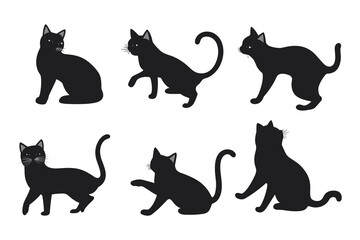  cute black cats silhouette on a white background. set of cat silhouette collection, Cats Silhouettes set. Cute cat silhouette set different various poses. 