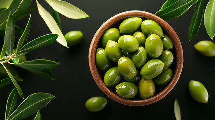 Poster - Perfectly ripe green olives in rustic bowl surrounded by fresh olive leaves