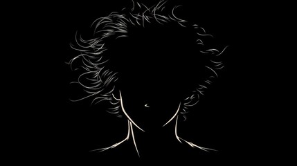 Poster - Silhouette of a person with wild, flowing hair against a dark background, conveying a sense of mystery and emotion