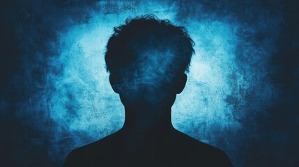 Poster - Silhouette of a person surrounded by ethereal blue smoke, creating a mysterious atmosphere in a dark setting