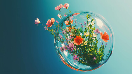 Poster - Beautiful arrangement of wildflowers in a glass vase on a vibrant background