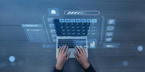 Poster - Futuristic workspace with hands typing on a laptop and holographic interface displaying a calendar, to-do list, and productivity charts.