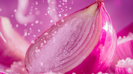 Poster - Close-up of half onion with salt crystals on pink background
