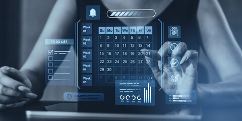 Poster - Businesswoman interacting with futuristic digital interface displaying calendar, to-do list, and analytics on transparent screen.
