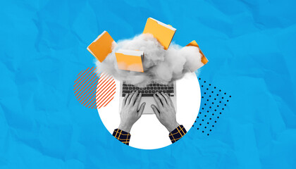 Fototapete - Cloud computing and data storage concept with hands typing on a laptop, folders emerging from a cloud, on a blue textured background.