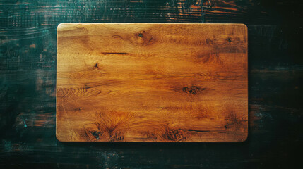 Poster - Realistic rustic wooden cutting board on dark wood surface for kitchen decor and culinary use