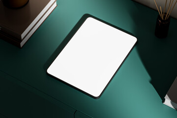 Poster - digital tablet mockup with blank white screen on green desk. 3d rendering