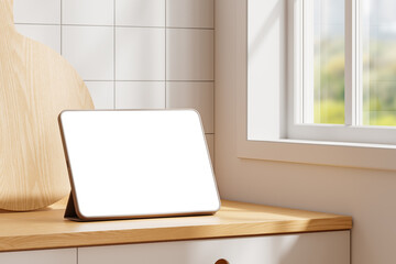 Poster - Digital tablet mockup with blank white display on wooden kitchen counter. 3D Rendering