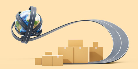 Poster - Global logistics concept with Earth wrapped in highways and stacked shipping boxes on beige background. 3D Rendering