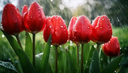 Wall Mural - a serene scene of colourful purple tulips decorated with droplets basking in a mild rain creating a 