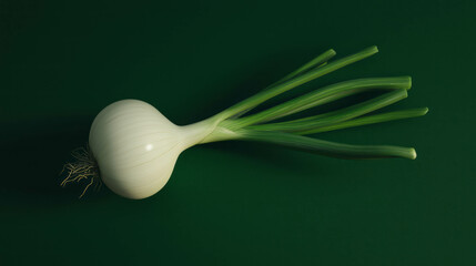 Poster - Fresh white onion on green background for culinary design and healthy eating concept