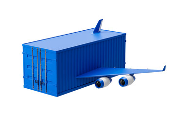 Poster - Blue cargo container with airplane wings and engines attached, symbolizing fast air freight and global logistics efficiency. 3D Rendering