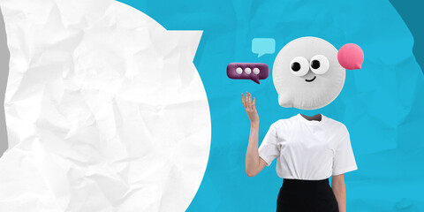Poster - Surreal concept of a person with a plush emoticon head tossing a chat bubble.