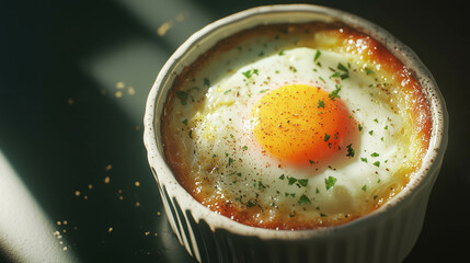 Poster - Delicious baked egg in ramekin with herbs and spices for breakfast
