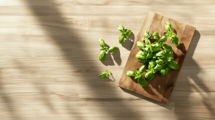 Poster - Fresh basil and oregano leaves on wooden cutting board