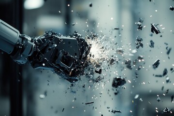 Poster - Robotic arm breaking a metal object with sparks flying in a factory setting. Use to illustrate technological breakdown, automation problems, or industrial accidents.