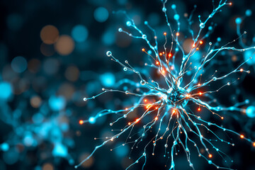 Poster - Abstract depiction of neural network or connection, showcasing glowing blue and orange nodes linked by fine lines against a bokeh-lit dark backdrop.