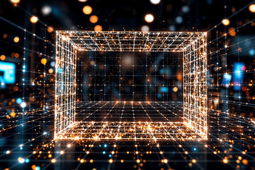 Poster - glowing cube frame in dark bokeh space. digital futuristic feel, orange lines form box, blurred ligh