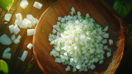 Poster - Freshly chopped white onions in wooden bowl for culinary use