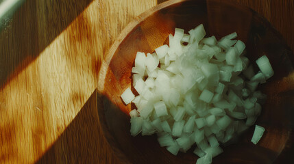 Poster - Freshly chopped white onions in wooden bowl with natural light and shadows
