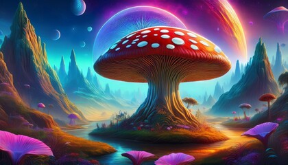 fantasy world panorama banner with a mushroom on another planet with alien plants and forest