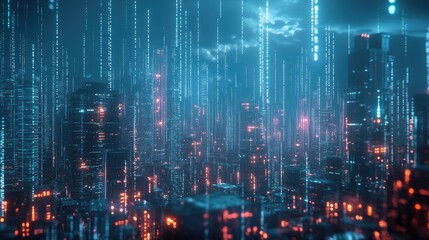Poster - Futuristic Cityscape with Neon Lights and Data Streams at Night