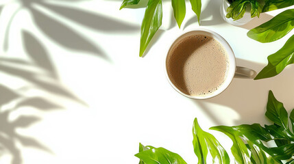 Poster - Realistic matcha tea latte with green leaves and shadows in minimalist design