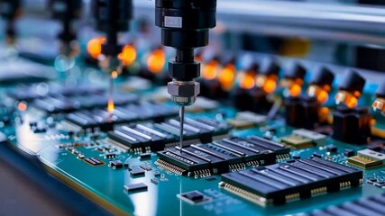 Poster - Hightech machinery expertly positions components on circuit boards, showcasing advancements in automation in electronics manufacturing and its essential role in modern technology