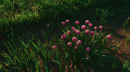 Poster - Blooming onion blossoms in field at sunrise highlighting nature and agriculture