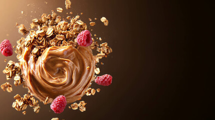 Poster - Delicious peanut butter swirl with granola and fresh raspberries on dark background