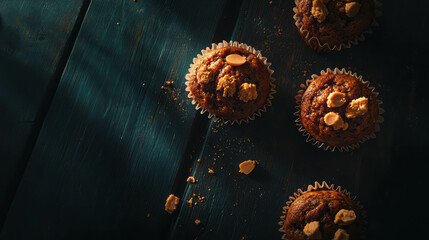 Aufkleber - Delicious peanut butter muffins on rustic dark background for bakery design
