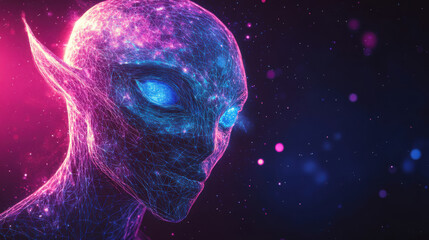 Wall Mural - alien figure with sharp ears on dark background. glowing blue eyes and pink light. futuristic creatu