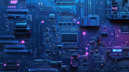 Poster - Close-up view of a vibrant blue and purple circuit board with intricate patterns and glowing components