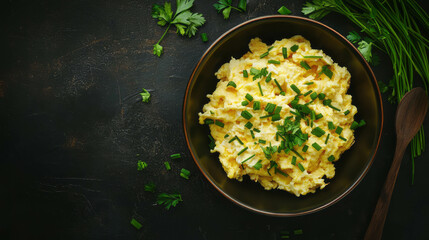 Poster - Delicious scrambled eggs garnished with fresh herbs in a bowl for breakfast inspiration