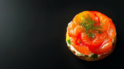 Aufkleber - Delicious smoked salmon canapé with fresh dill on dark background for culinary inspiration