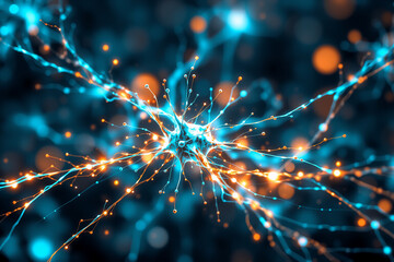 Poster - Abstract neural network with glowing blue and orange connections. Neurons firing, bright particles, branching lines against dark backdrop.