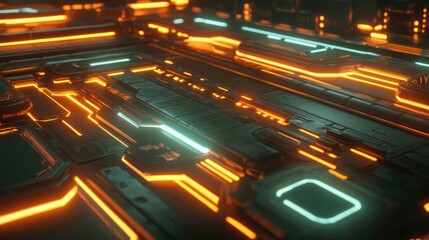 Poster - Futuristic circuit board with glowing orange and blue lights, showcasing intricate patterns and technology