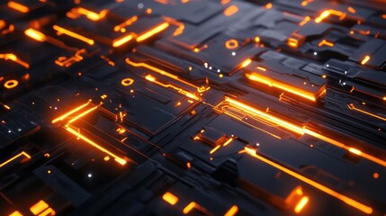 Poster - Abstract futuristic digital landscape with glowing orange lines on black surface, suggesting advanced technology