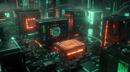 Poster - Futuristic digital cityscape with glowing neon circuitry and data processing units in a cyberpunk environment