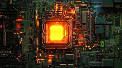 Poster - Abstract close-up of a vibrant, glowing computer chip surrounded by intricate circuitry, symbolizing technology