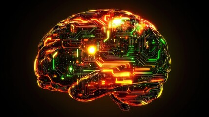 Poster - Futuristic Neon Brain with Circuitry and Digital Patterns
